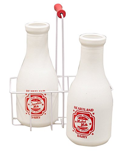Retro Milk Bottles with Carrier - Large, 11" x 9" Set of 2 with wire carrier