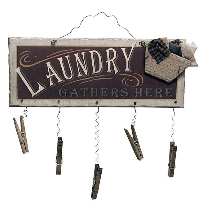Laundry Gathers Here - Clothespin hanging wall decor